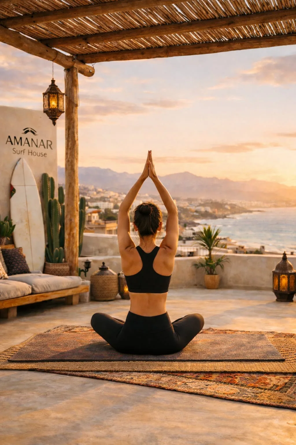 Sunrise yoga on the rooftop facing the Atlantic — AMANAR Surf Retreat, Tamraght — 3D rendering